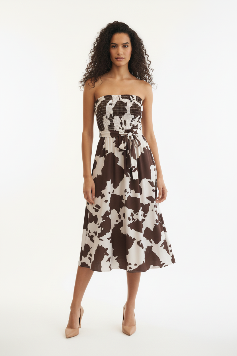 Robe Bustier Print Vache - LA STELLA - Smocké & Ceinture - Taille 36-38 - Made in Italy - Pièce unique
