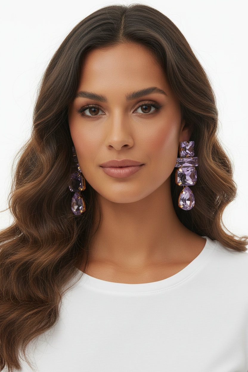 Boucles d'oreilles pendantes cristaux améthyste & Doré
