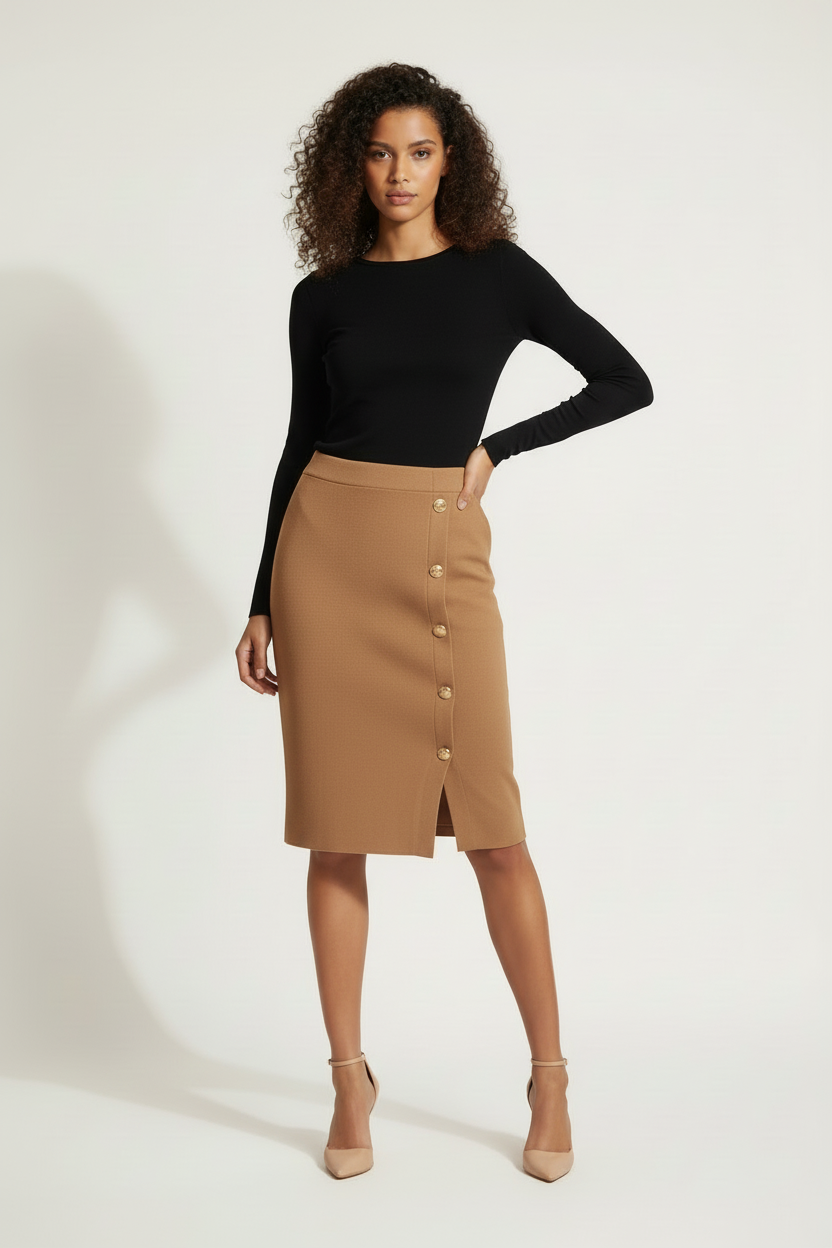 Jupe mi-longue camel tricot boutons dorés - Taille 38-40 - Made in Italy  - Deux pièces disponibles