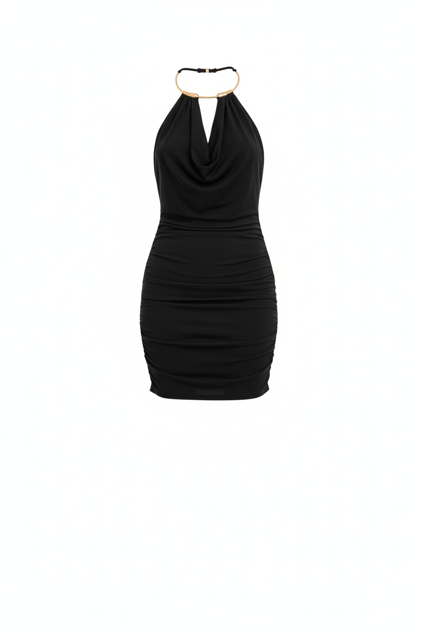 Robe Noire Halter Dorée  - Taille 36-38 - Made in Italy - Pièce unique