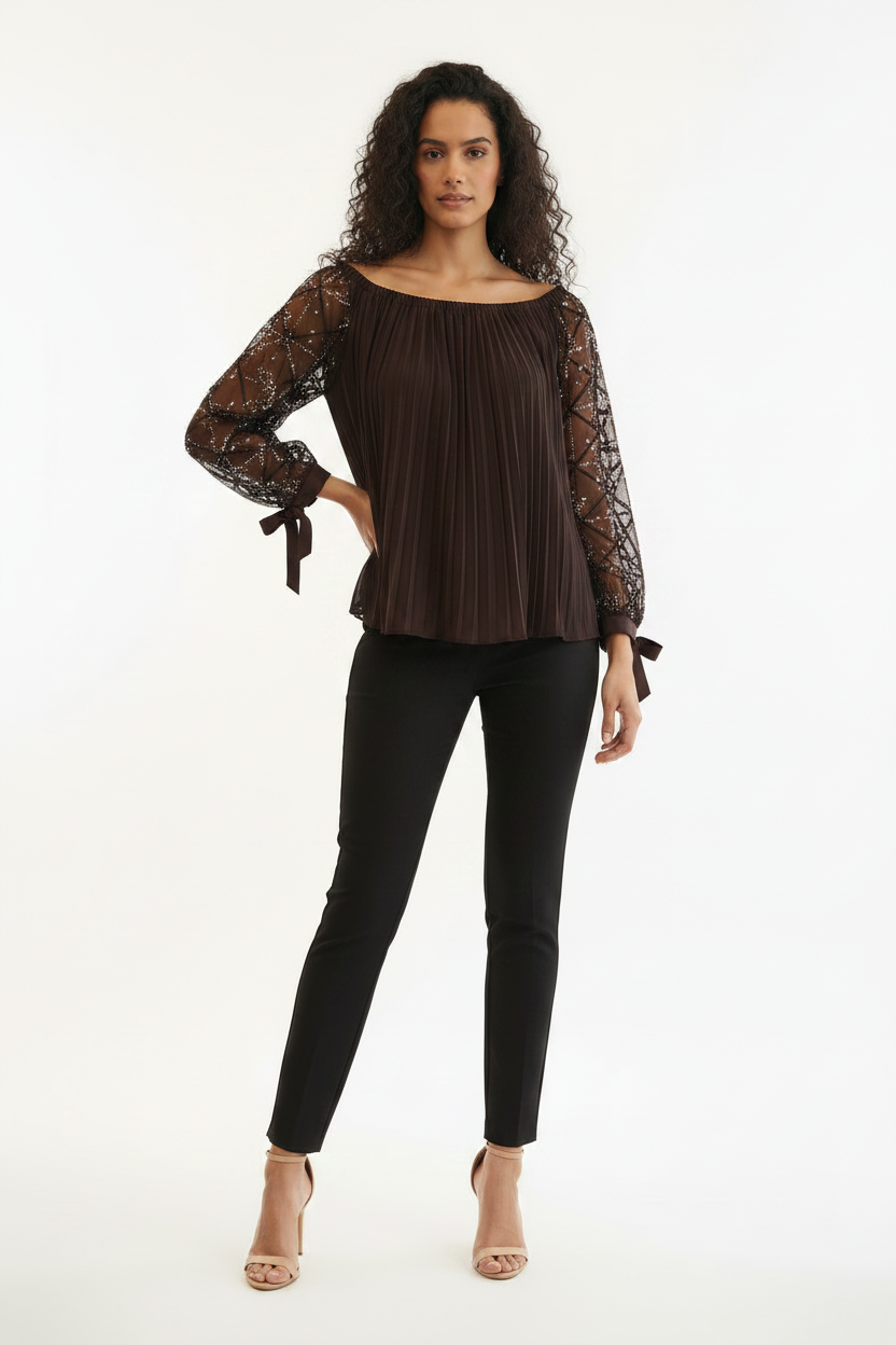 Blouse Marron Manches Résille Strass - Taille 40-44 - Made in Italy - Pièce unique