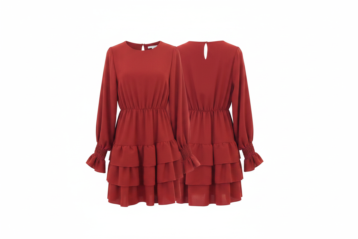 Robe terracotta volants ghost mannequin face et dos fond blanc