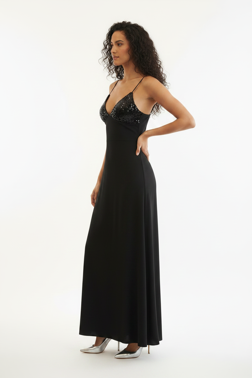 Robe Longue Noire Bustier Sequins Bretelles Fines Made in Italy - Taille 36-38