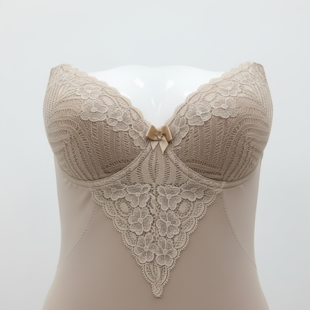 Body Brésilien Sculptant Divas Dentelle Push-Up beige – zoom détail bustier dentelle florale fond blanc