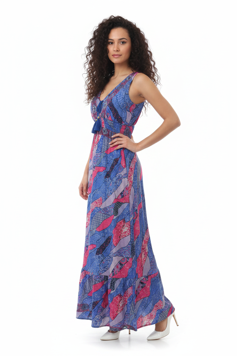 Robe Maxi Oriental Patchwork Bleu Rose Col V Pompons - Taille Unique