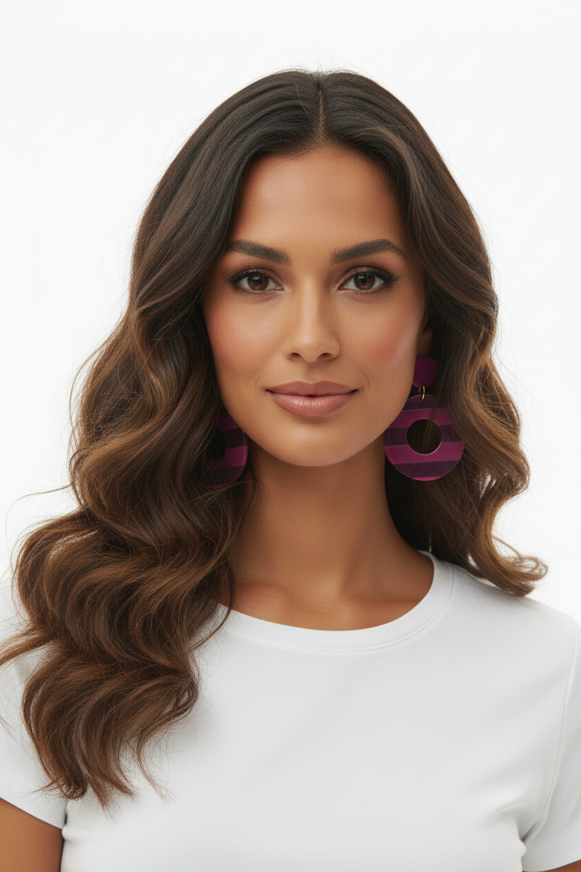Boucles d'oreilles cercles rayés violet et fuchsia