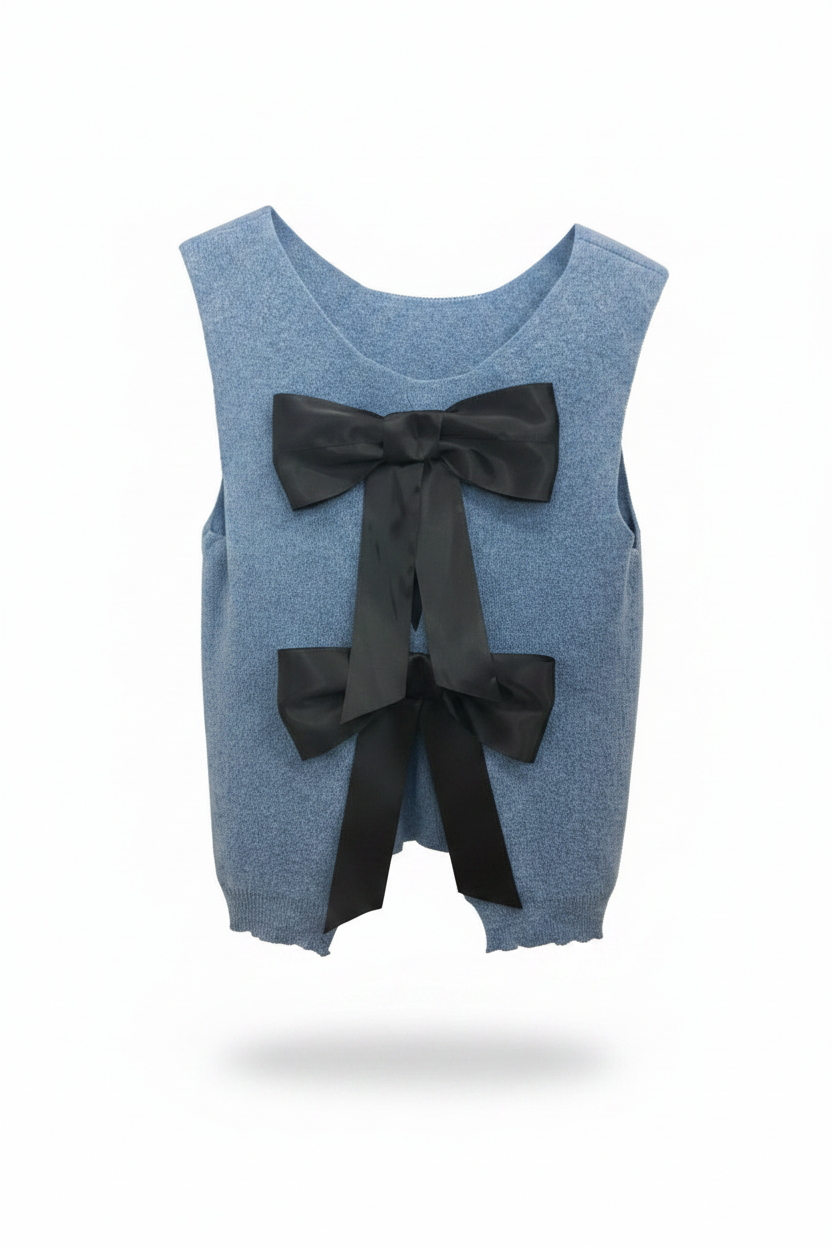 Top sans manches maille bleue nœuds satin noir Made in Italy - Taille 36-40
