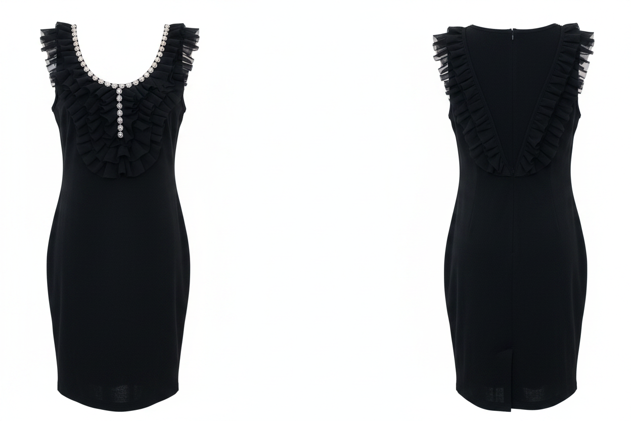 Robe Noire Volants Organza Collier Perles & Strass - Taille 36-38