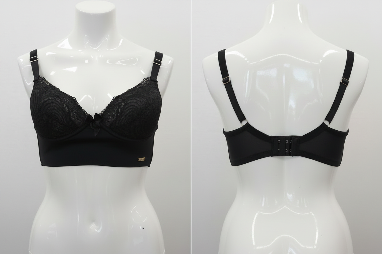 Soutien-gorge brésilien Divas noir dentelle ghost mannequin face et dos fond blanc