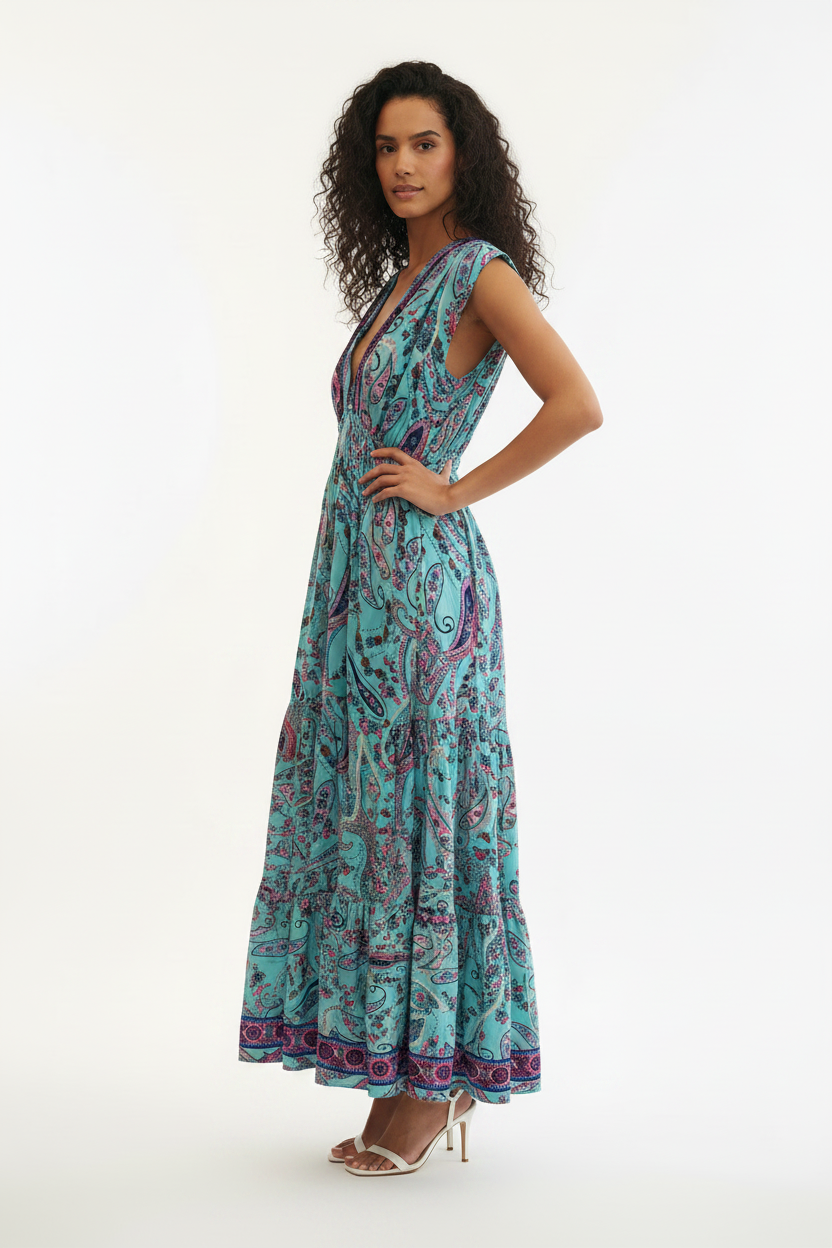 Robe Maxi Bohème Paisley Turquoise Col V Pompons - Taille Unique