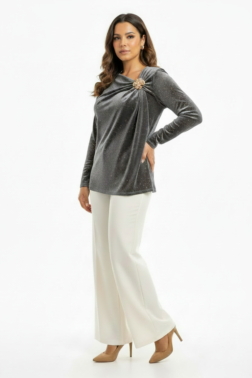 Top Pailleté Gris Drapé Broche Dorée Manches Longues - Taille 40-44  - Pièce unique