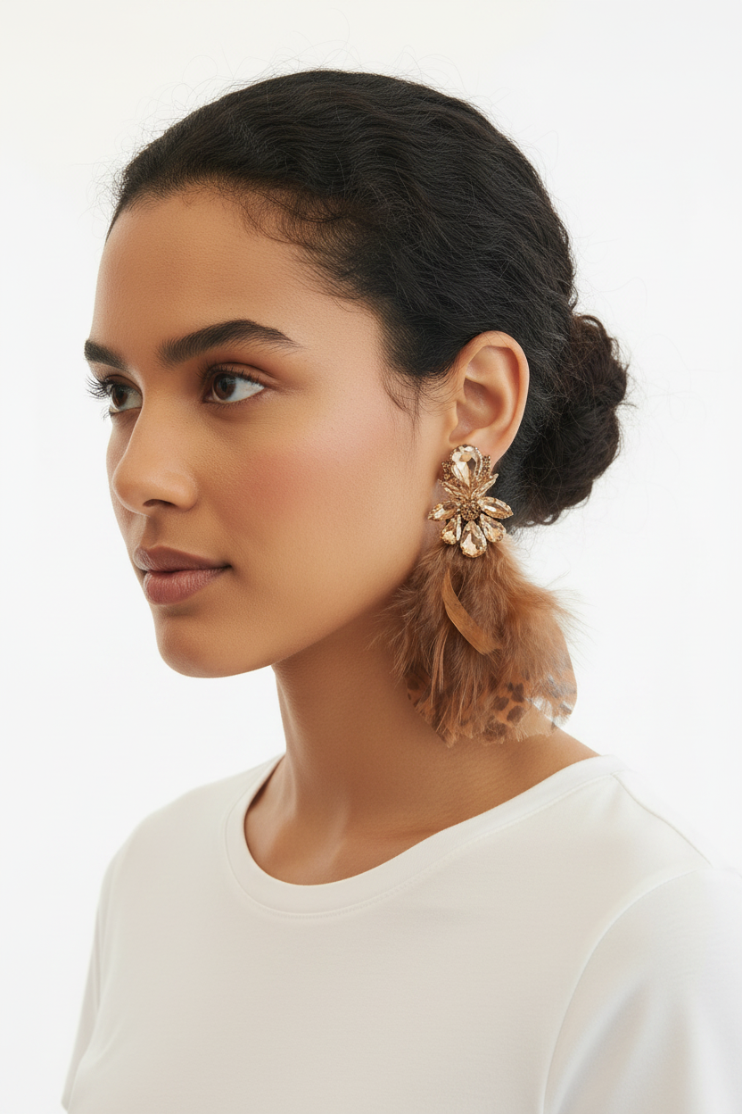 Boucles d'oreilles cristaux champagne & plumes caramel léopard