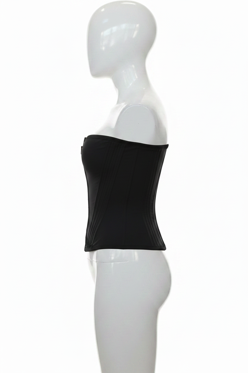 Corset gainant brésilien Divas noir vue de côté mannequin plastique fond blanc