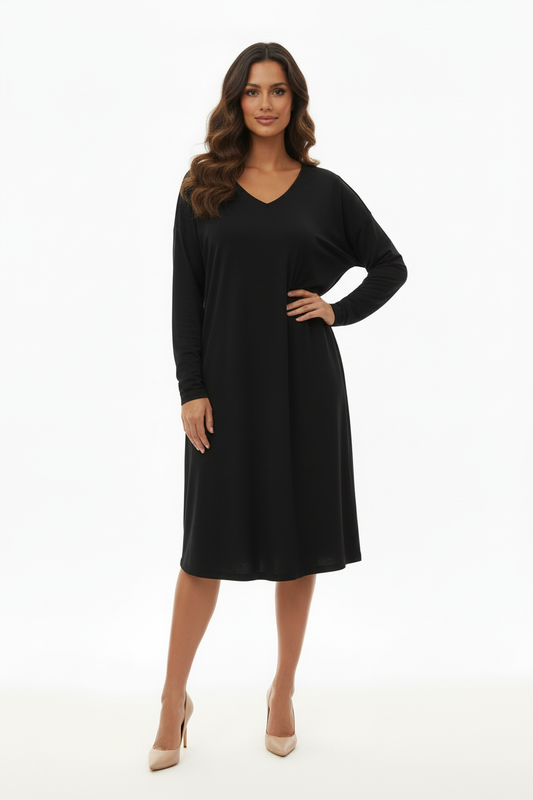 Tunique noire manches longues col V Floria – Taille 50/52 - Made in Italy - Pièce unique