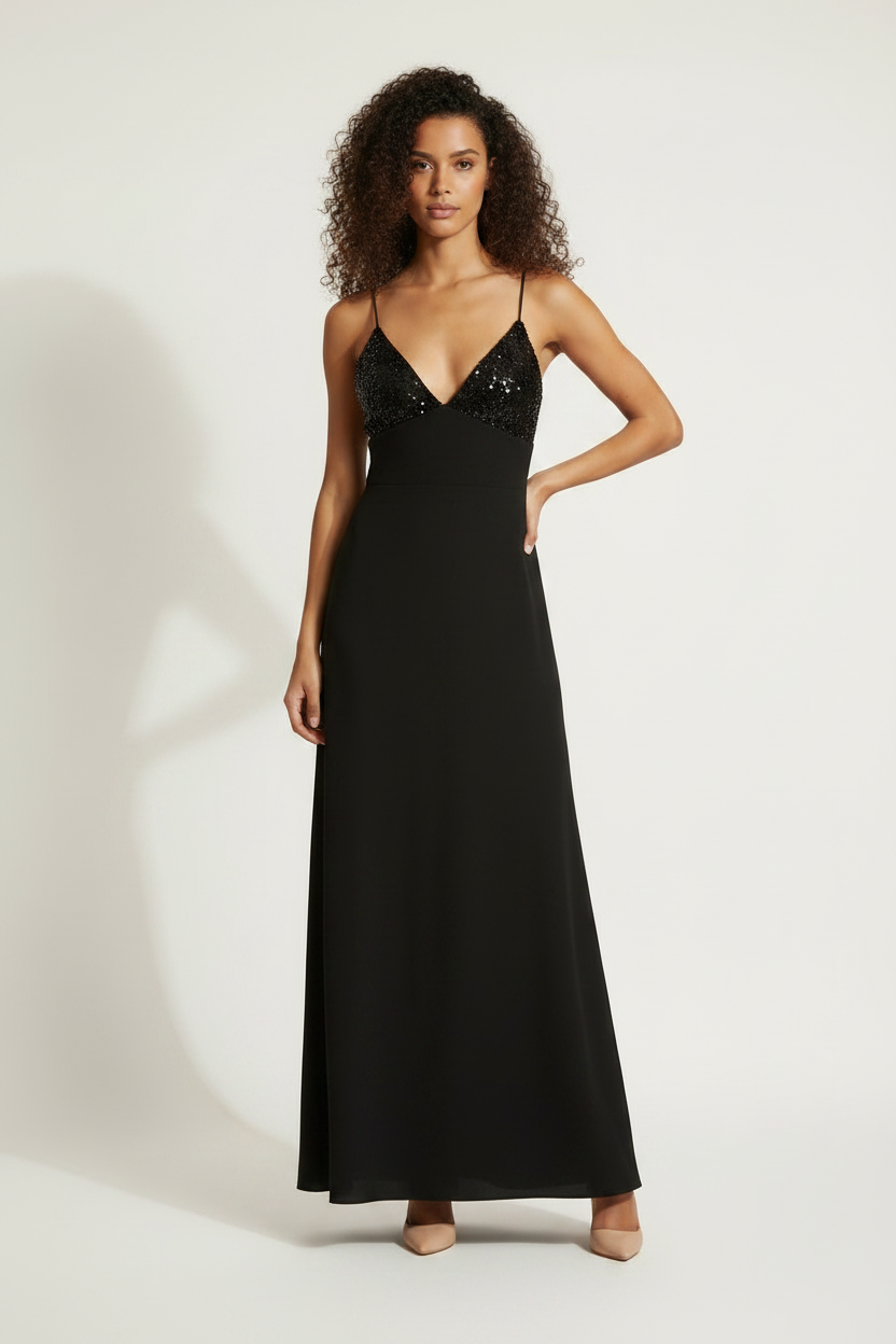 Robe Longue Noire Bustier Sequins Bretelles Fines Made in Italy - Taille 36-38
