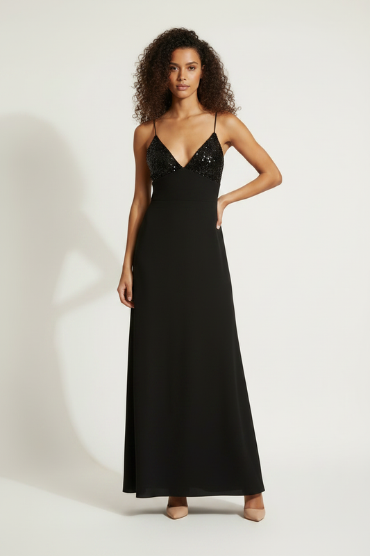 Robe Longue Noire Bustier Sequins Bretelles Fines Made in Italy - Taille 36-38