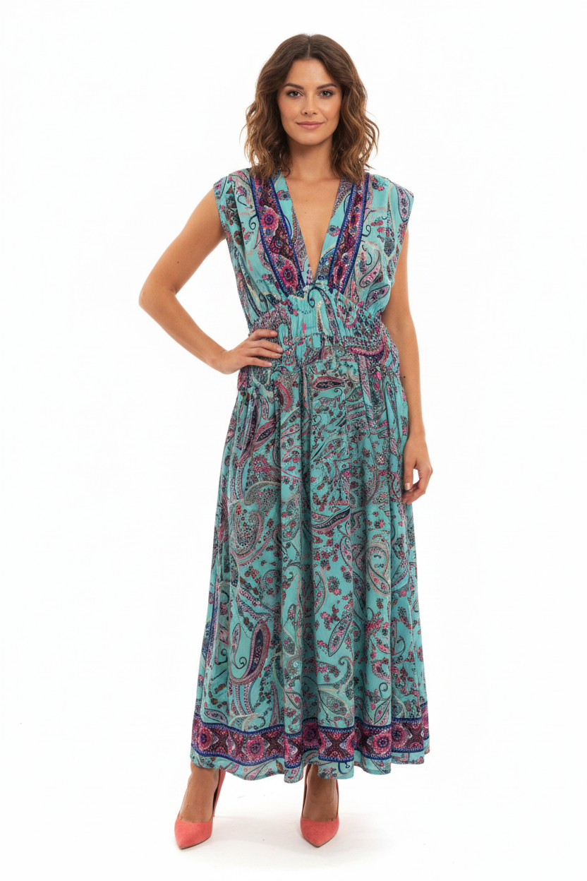 Robe Maxi Bohème Paisley Turquoise Col V Pompons - Taille Unique