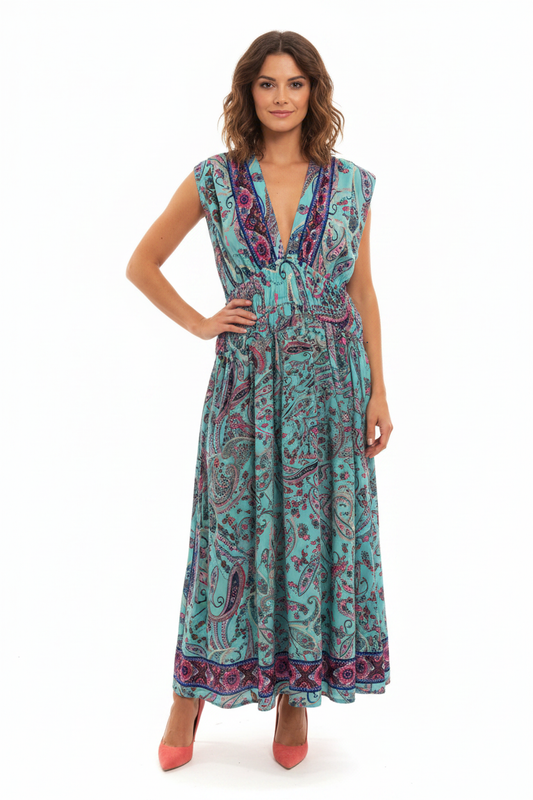Robe Maxi Bohème Paisley Turquoise Col V Pompons - Taille Unique