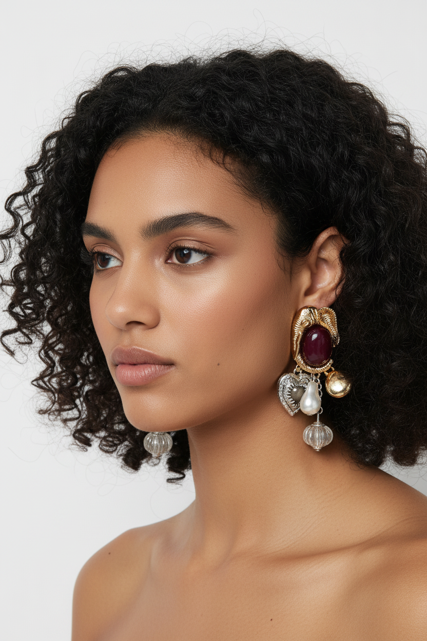 Boucles d'Oreilles Pendantes Bordeaux & Doré