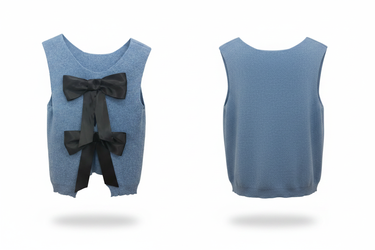 Top sans manches maille bleue nœuds satin noir Made in Italy - Taille 36-40