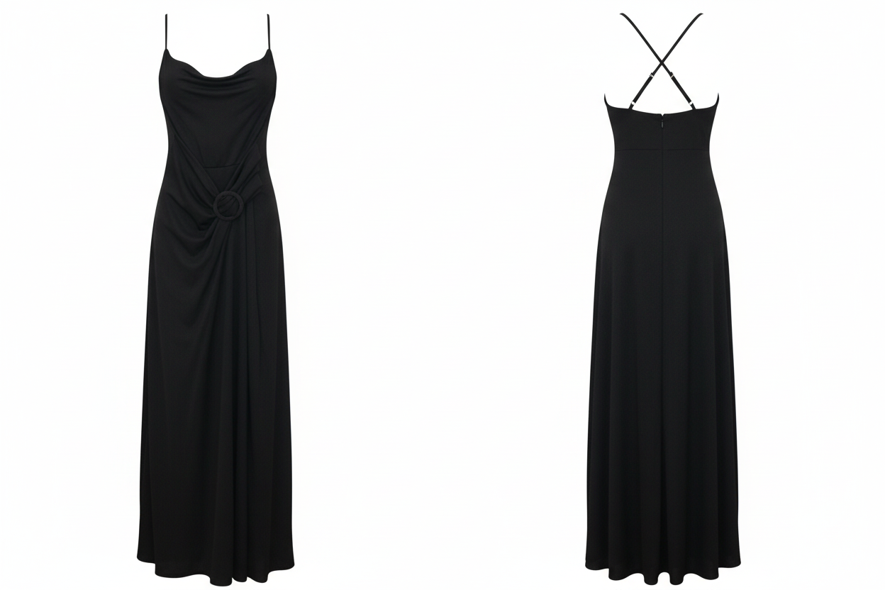Robe Longue Noire - Anneau Drapé - NEW COLLECTION - Taille 36-38 - Made in Italy - Pièce unique