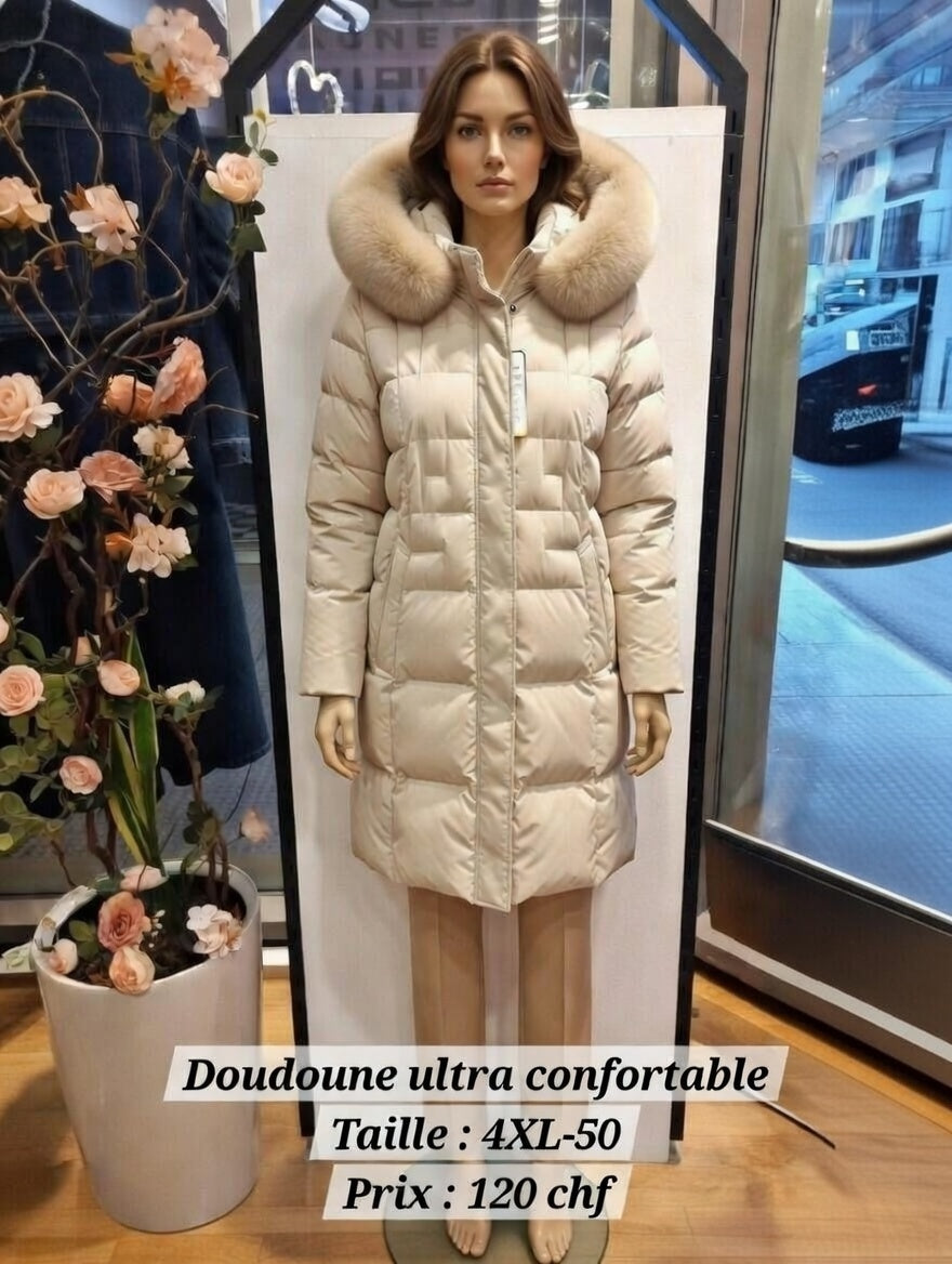 120,00 chf - Taille 4XL-50 - Doudoune Longue Beige Ultra Confortable avec Capuche Fourrure – Idéale pour les Tailles Plus !