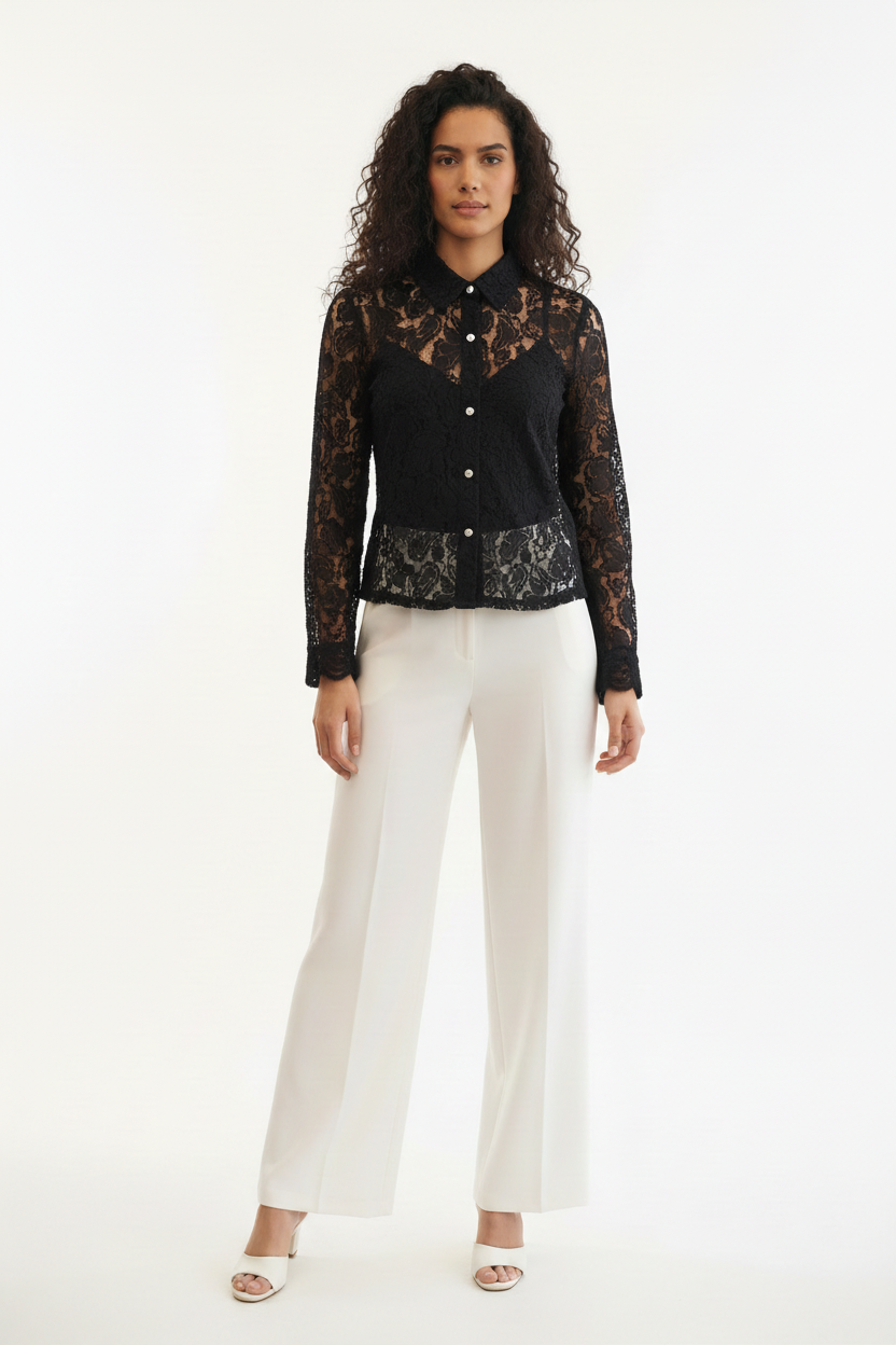 Chemisier Dentelle Noire - Golden Live - Col Chemise & Boutons Perle - Taille M - Made in Italy - Pièce unique