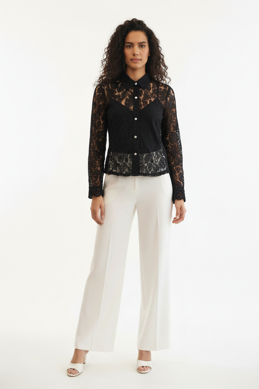 Chemisier Dentelle Noire - Golden Live - Col Chemise & Boutons Perle - Taille M - Made in Italy - Pièce unique