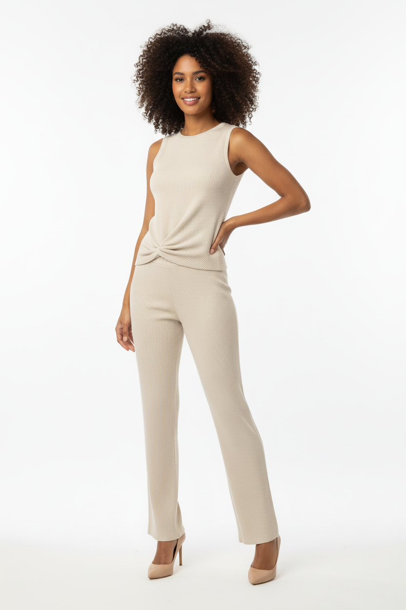 Ensemble 2 Pièces  Beige Côtelé - Top Nœud & Pantalon Droit - Vinceotto - Taille 36-38 - Made in Italy - Pièce unique