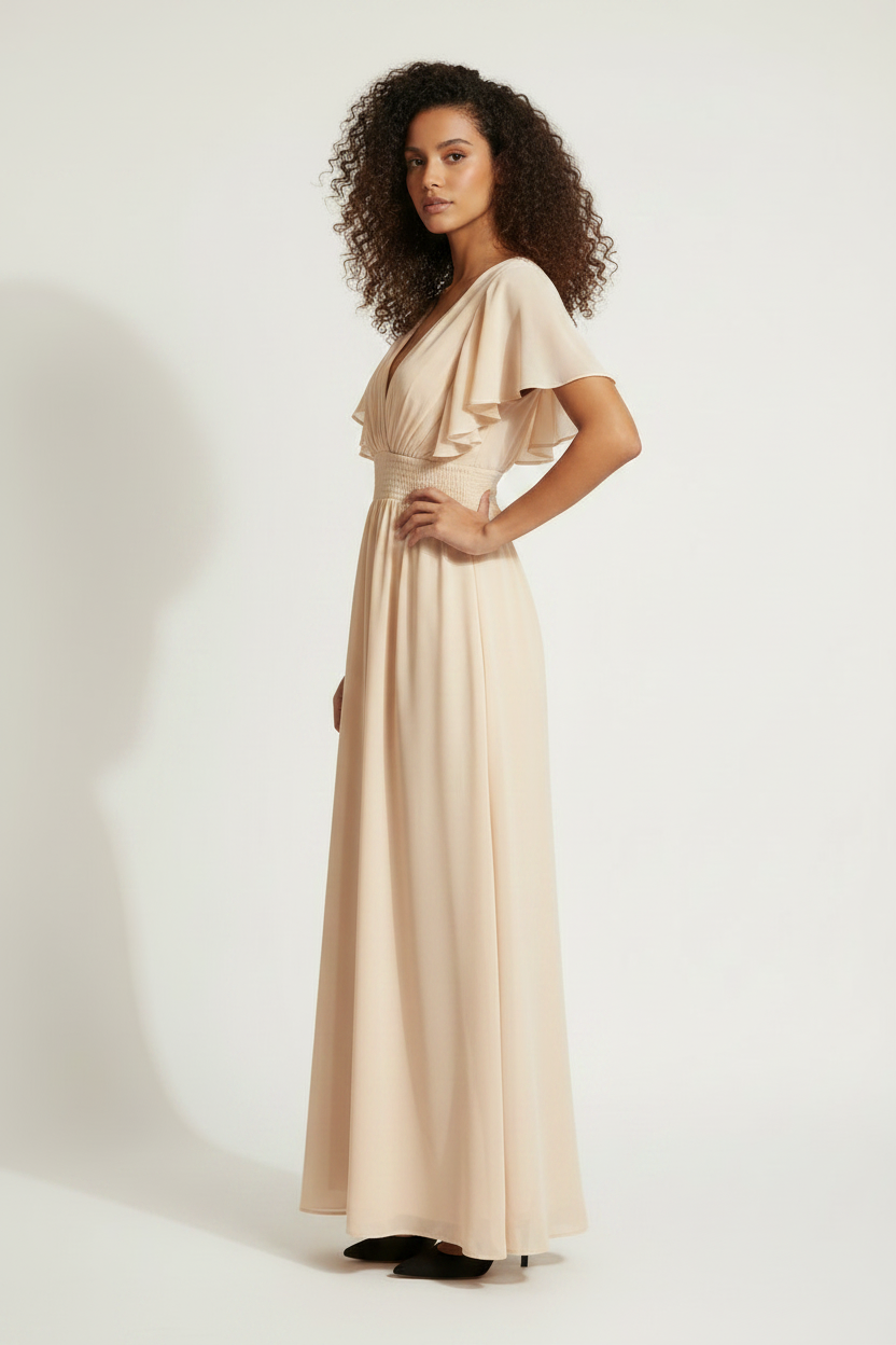Robe maxi soirée col V plissé volants ivoire Play Pronto Moda - Taille F - 40