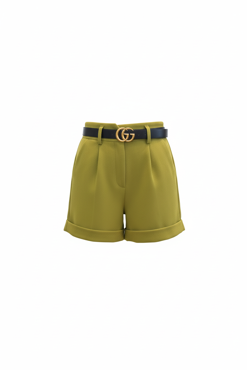 Short Vert Olive - Z-ONE - Ceinture Cuir - Taille L - Made in Italy - Pièce unique