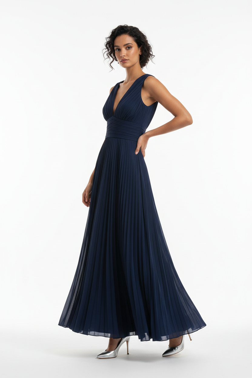 Robe Longue Maxi Bleu Marine Col V Plissée Play Pronto Moda - Taille L/XL