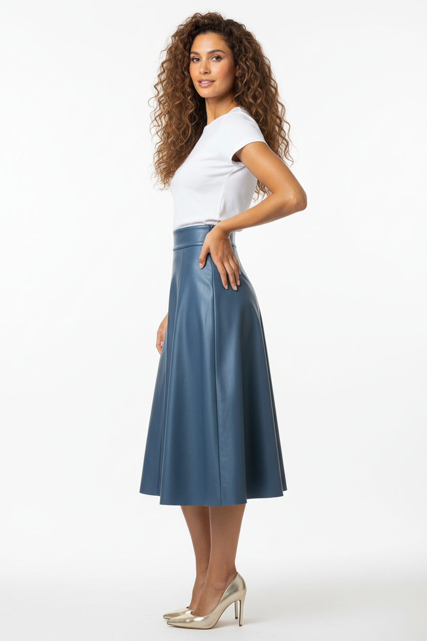 Jupe Similicuir Bleu Acier Évasée - Taille S - Made in Italy - Pièce unique