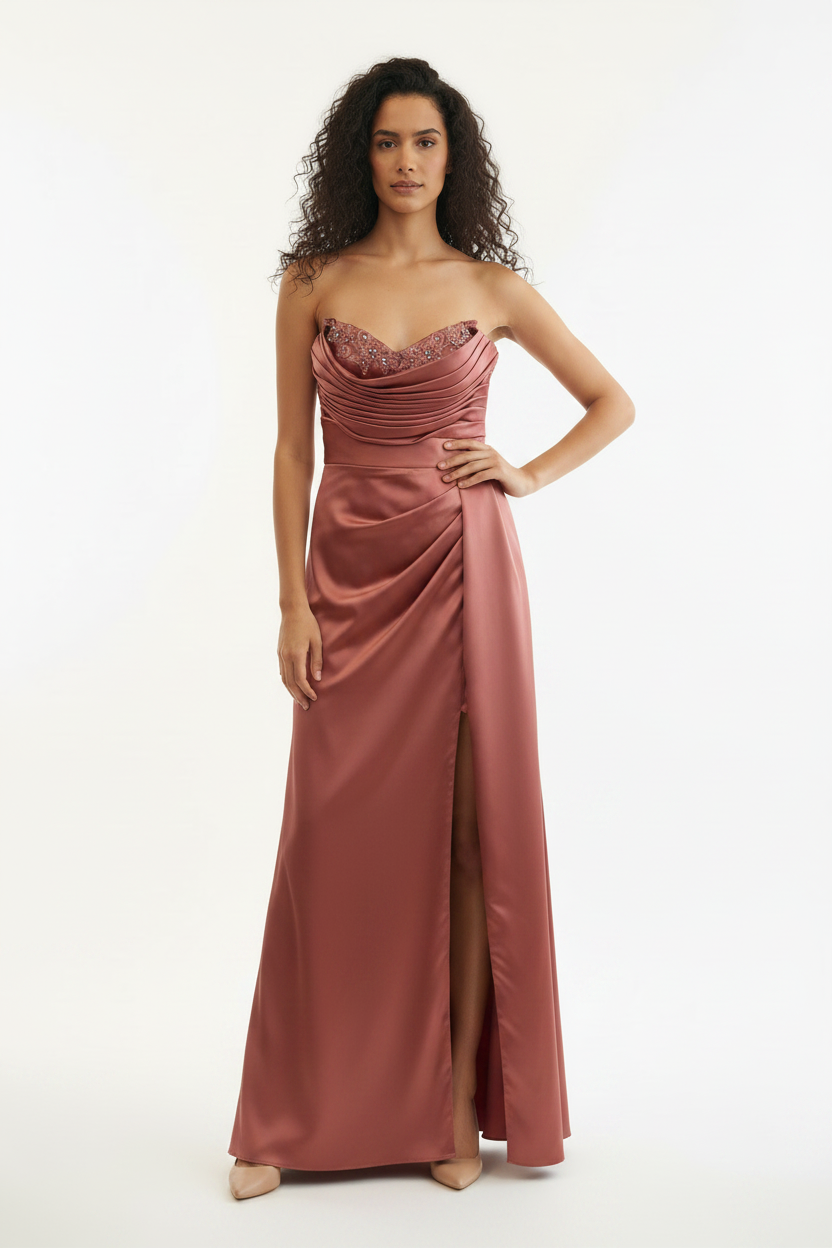 Robe longue de soirée bustier brodée Sagozza vieux rose - Taille 40
