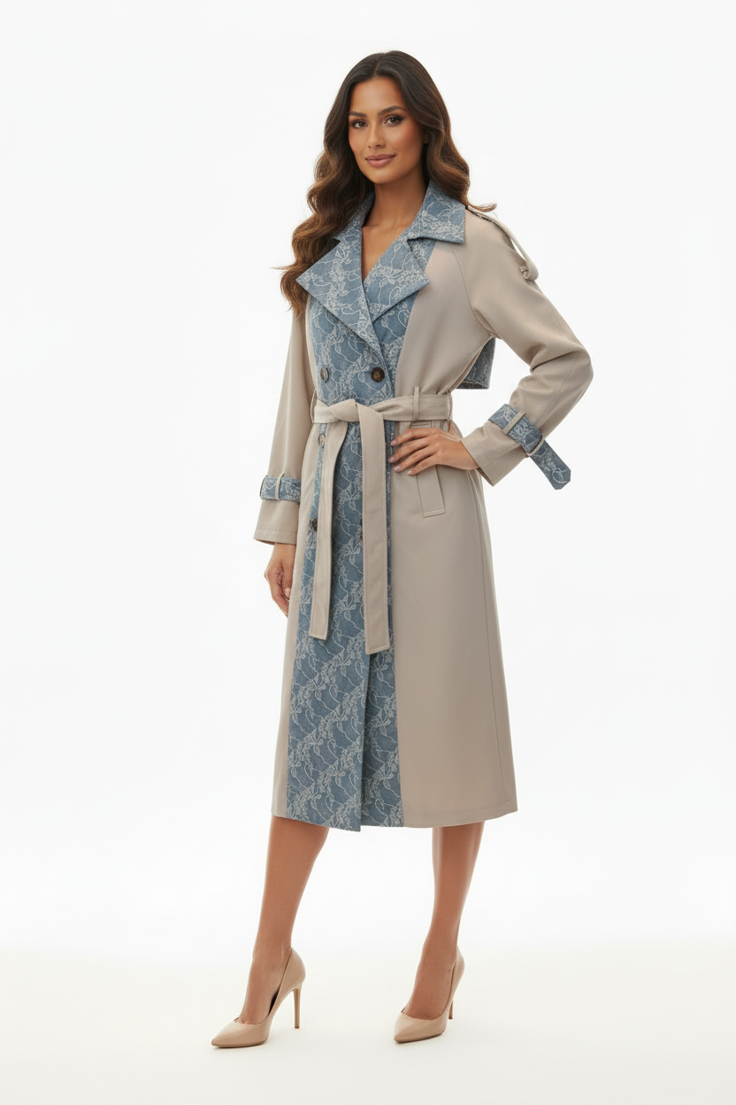 Trench Long Beige Dentelle Bleue - LAVYSH - Taille S/M - Made inItaly - Pièce unique