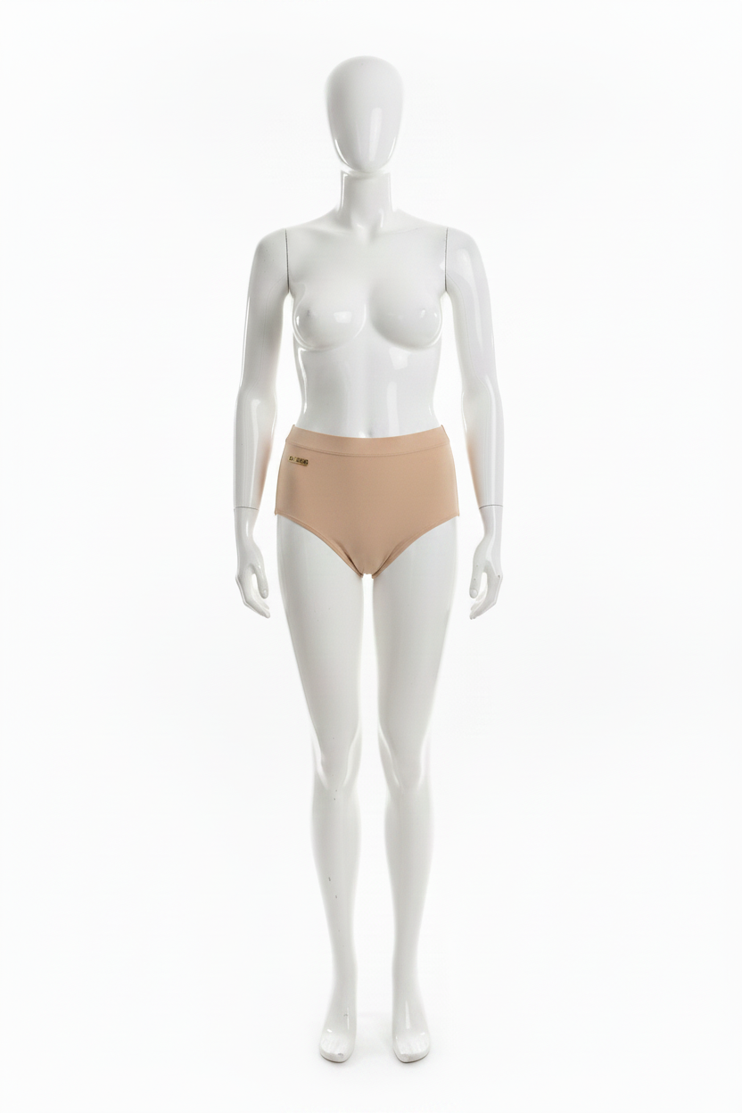 Culotte gainante brésilienne Divas beige nude large ceinture taille haute vue face mannequin plastique fond blanc