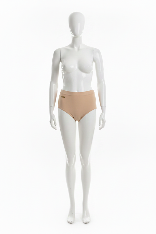 Culotte gainante brésilienne Divas beige nude large ceinture taille haute vue face mannequin plastique fond blanc