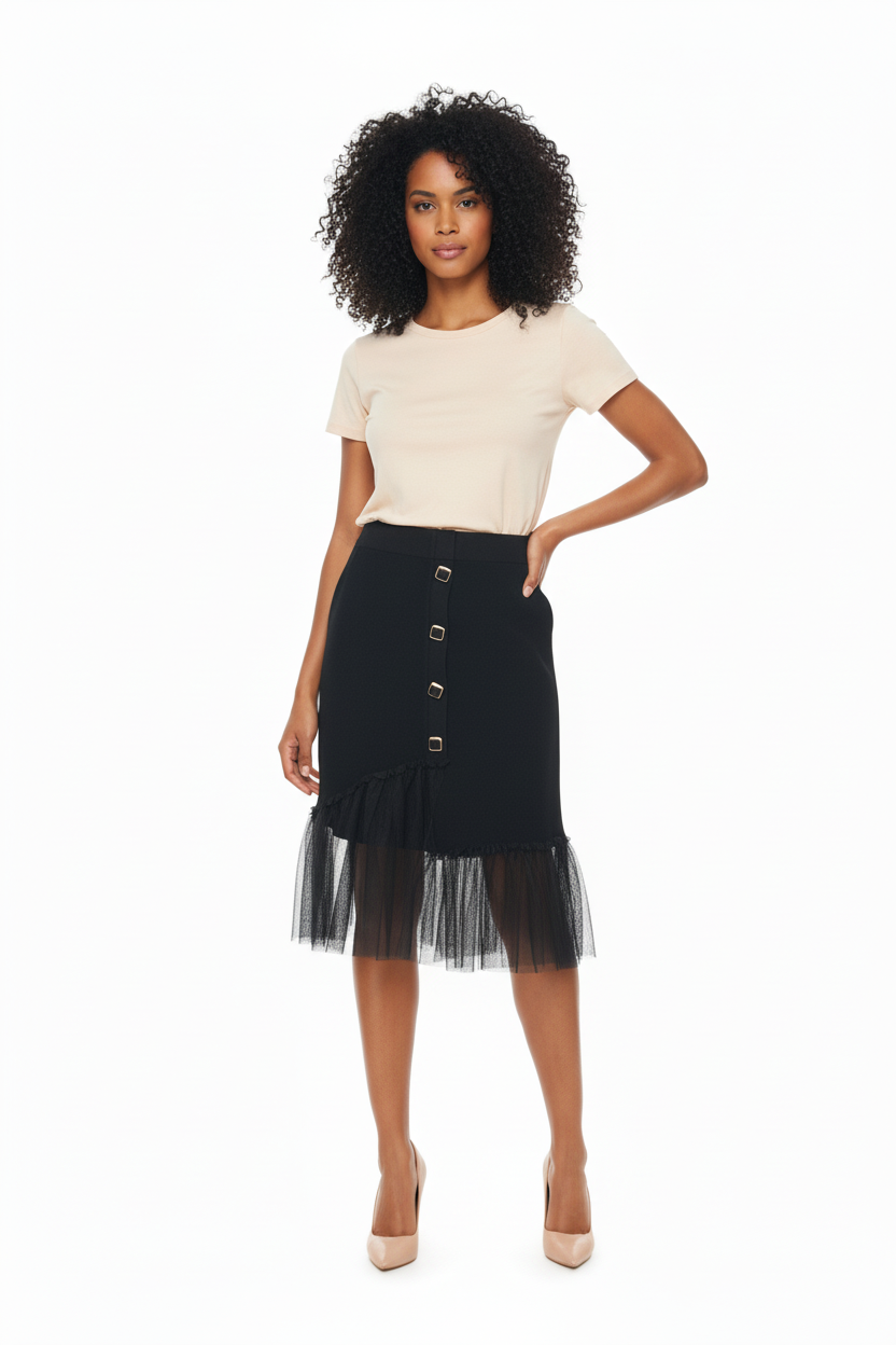 Jupe noire tricot tulle 4 boutons carrés - Taille 38-40- Made in Italy- Pièce unique