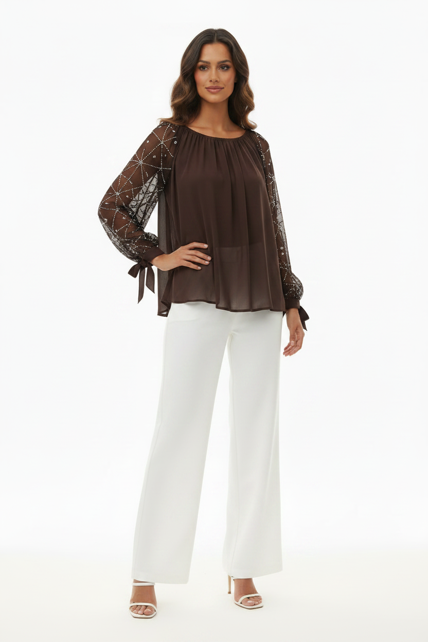 Blouse Marron Manches Résille Strass - Taille 40-44 - Made in Italy - Pièce unique