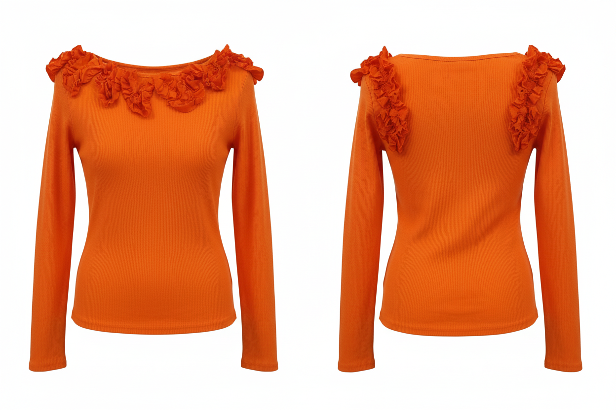 Top manches longues orange froufrous ghost mannequin face et dos fond blanc