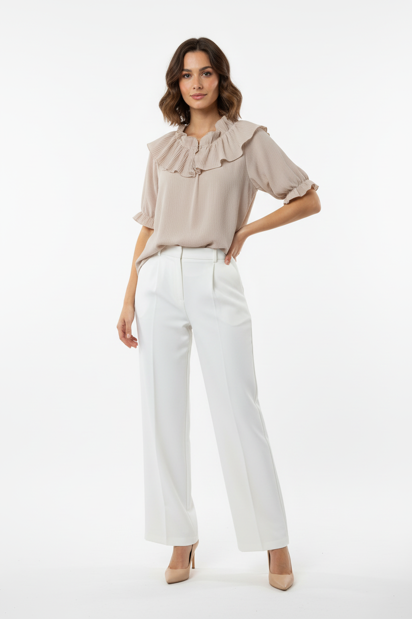 Top Col Volant Plissé Beige – Italy Moda – Taille 36-40 - Made in Italy - Pièce unique