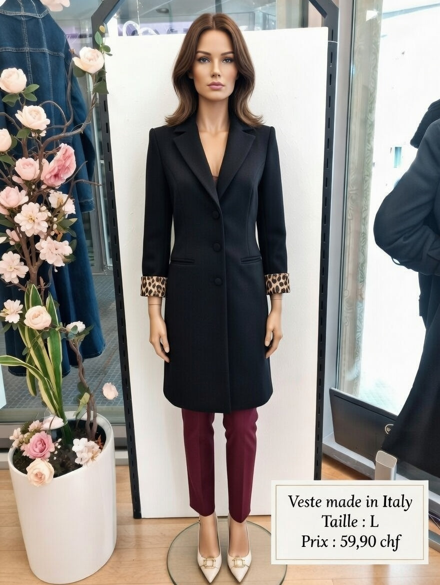 59,90 chf - Taille L - Veste manteau noir oversize col large Made in Italy + doublure léopard !