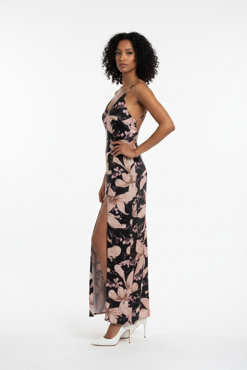 Robe Maxi Florale Noire Bretelles Col V Fente Devant - Made in Italy - Taille Unique