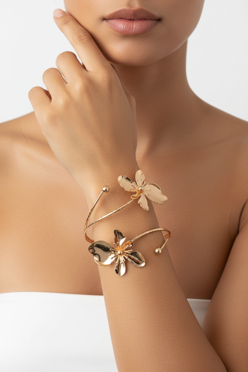 Bracelet Manchette Fleurs Dorées