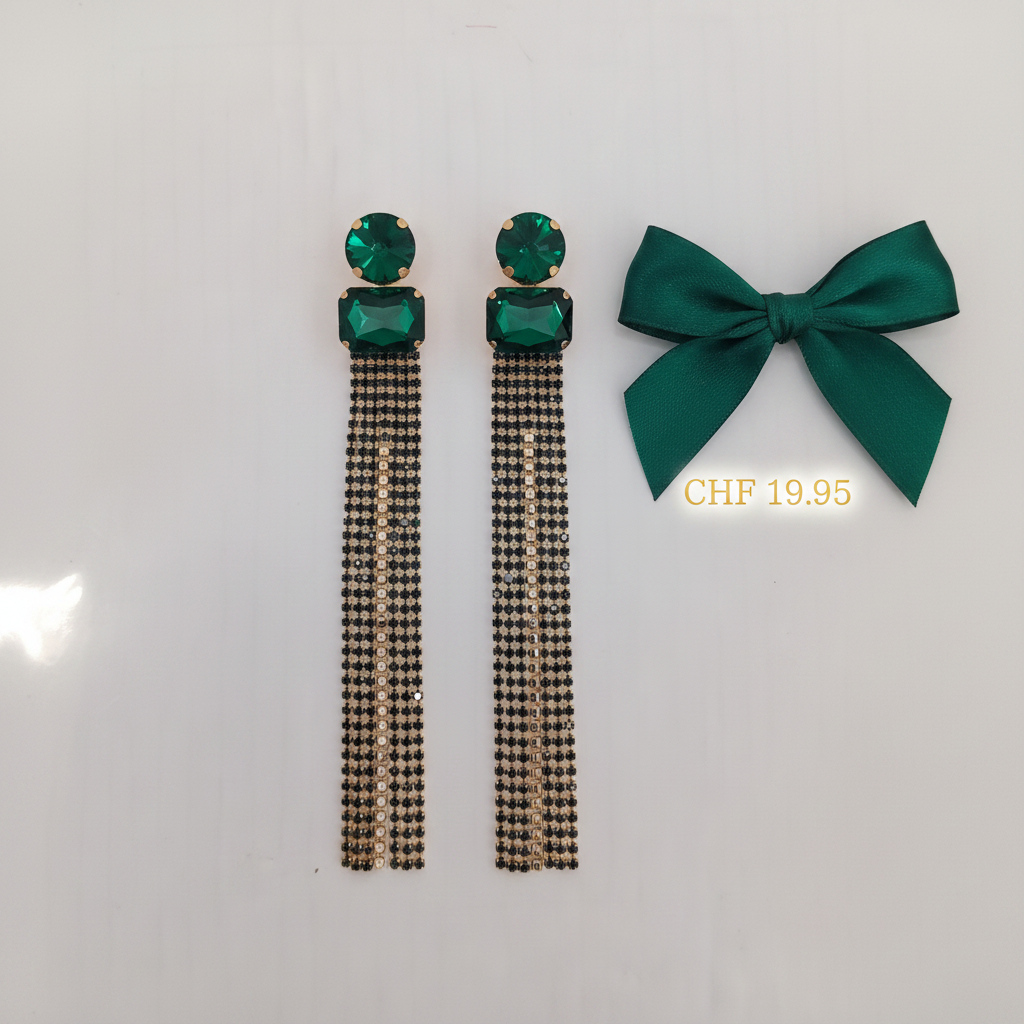 Boucles d'oreilles longues cristaux émeraude & franges dorées