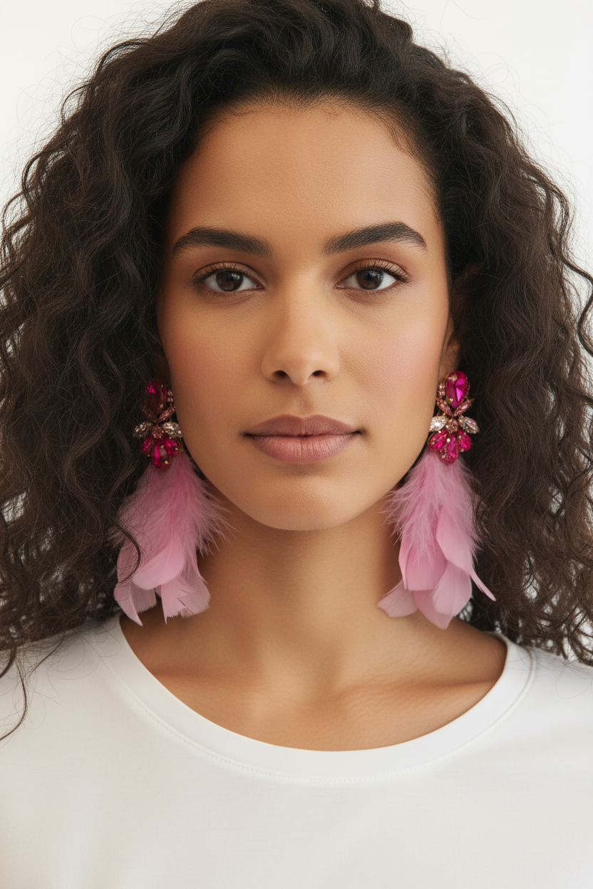 Boucles d'oreilles Plumes Roses & Strass Fuchsia