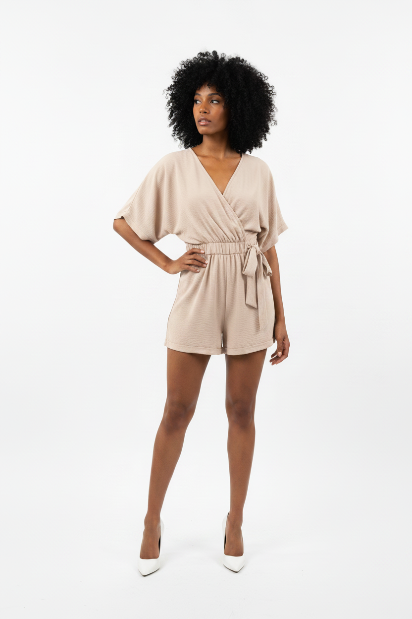 Combi-Short Taupe col V croisé manches chauve-souris beige pâle - Taille 2 - 38-40