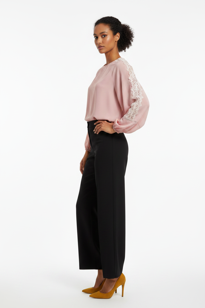 Blouse rose poudré dentelle manches ballon – Taille S/M