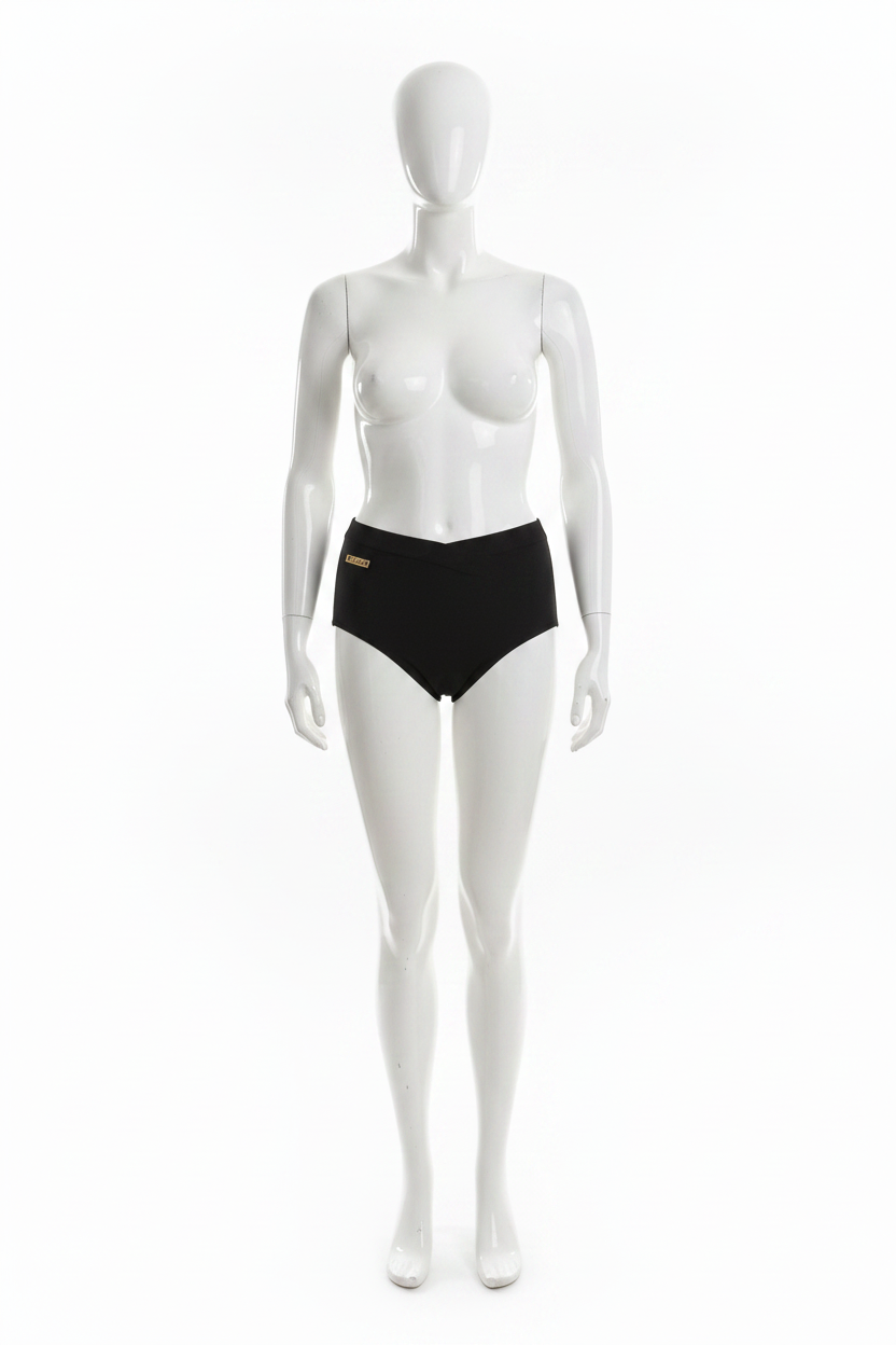 Culotte gainante brésilienne Divas noir large ceinture taille haute vue face mannequin plastique fond blanc