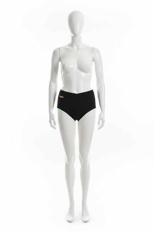 Culotte gainante brésilienne Divas noir large ceinture taille haute vue face mannequin plastique fond blanc